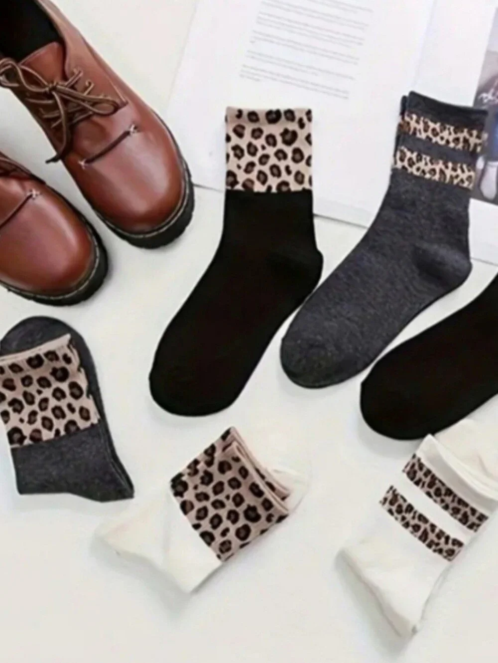 Leopard Womens Fashion Socks White Black&Grey One Size Breathable BNWT 6 Pairs